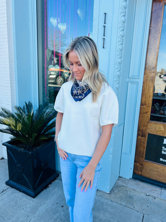 The Ellie Round Neck Puff Sweater Top- Ivory