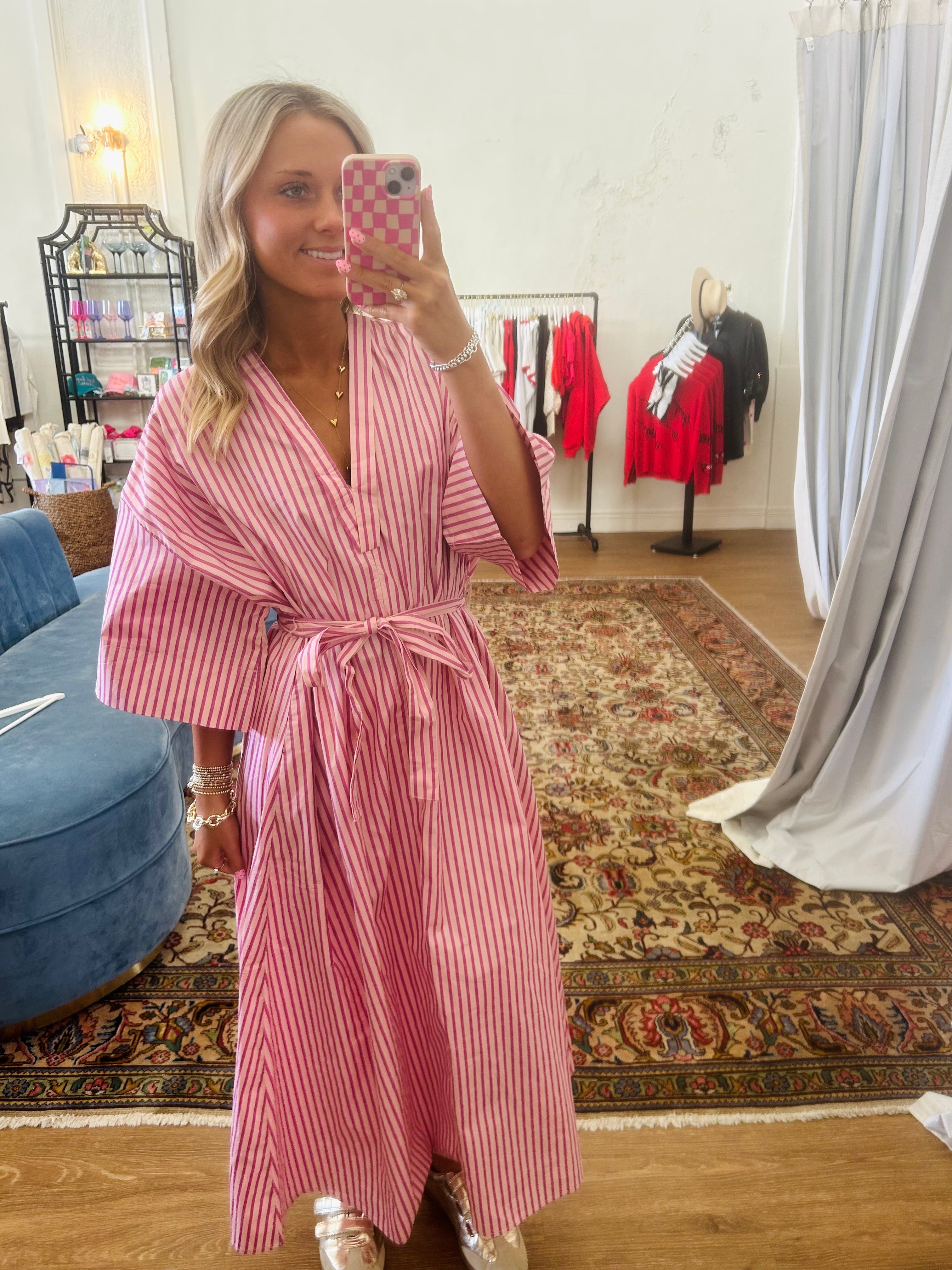 The Nancy Stripe Midi Dress- Pink