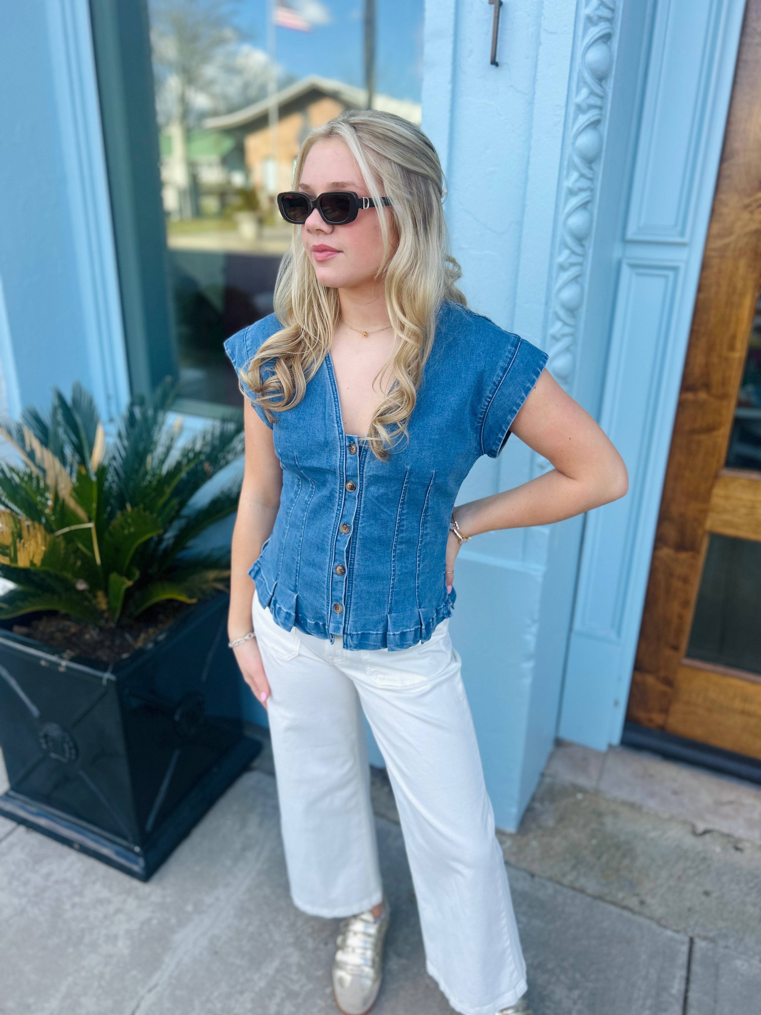 The Zoey Pleated Denim Top