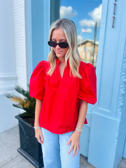 The Cali Bubble Sleeve Top- Red