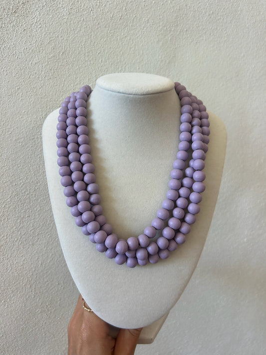 Three Row Wooden Ball Necklace - Lavender