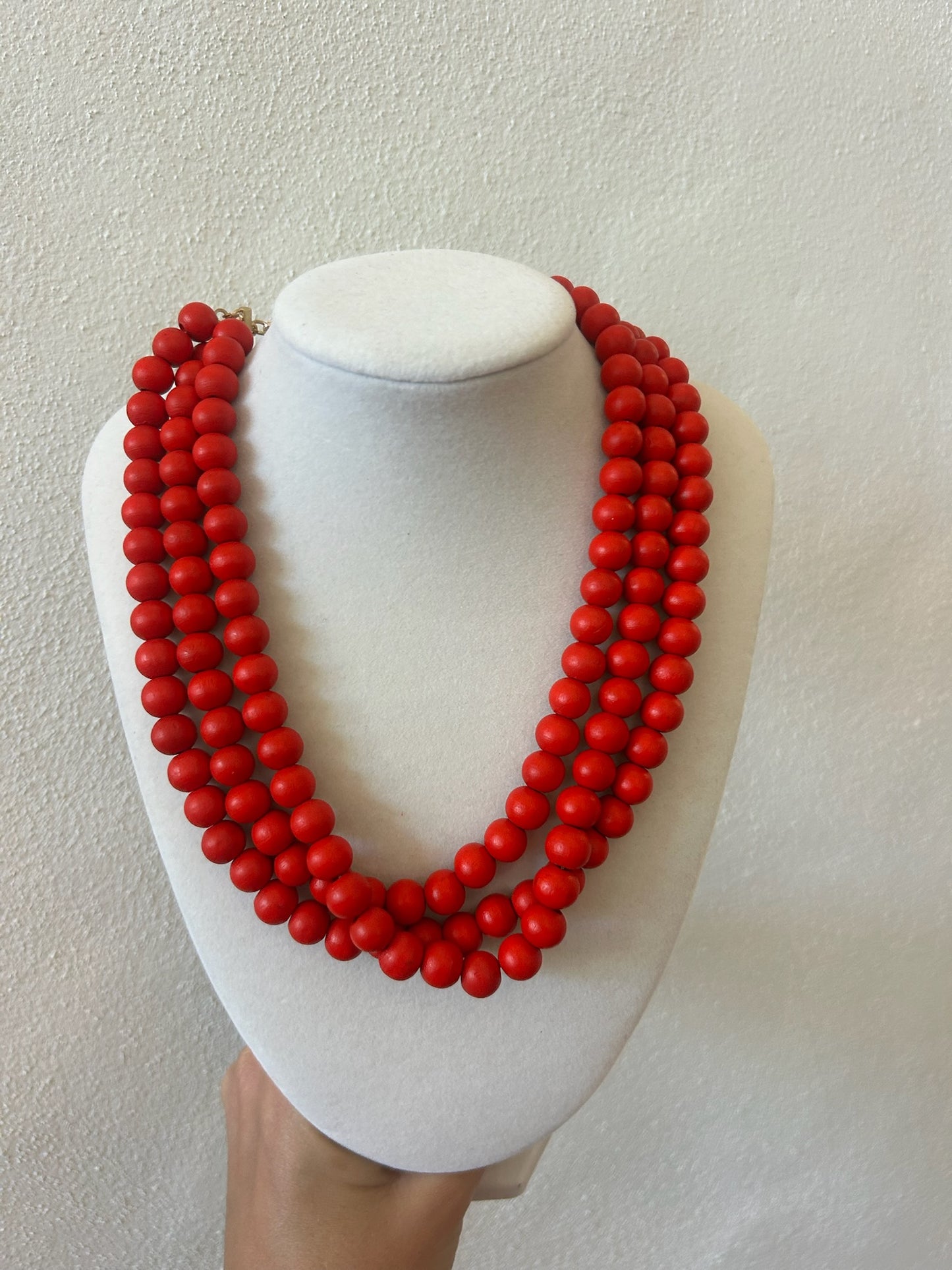Three Row Wooden Ball Necklace - Red