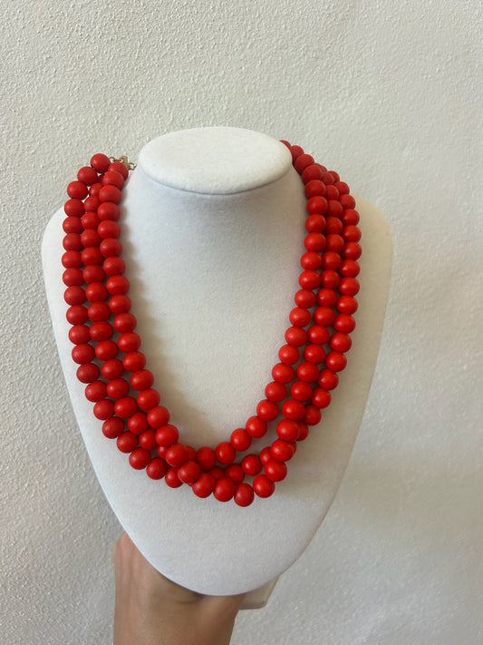 Three Row Wooden Ball Necklace - Red
