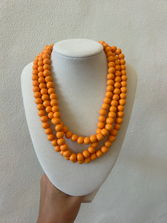 Three Row Wooden Ball Necklace - Orange