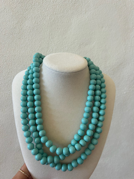 Three Row Wooden Ball Necklace - Turquoise