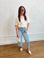 Double Button Short Sleeve Cropped Cardigan - Ivory