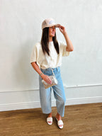 Double Button Short Sleeve Cropped Cardigan - Ivory