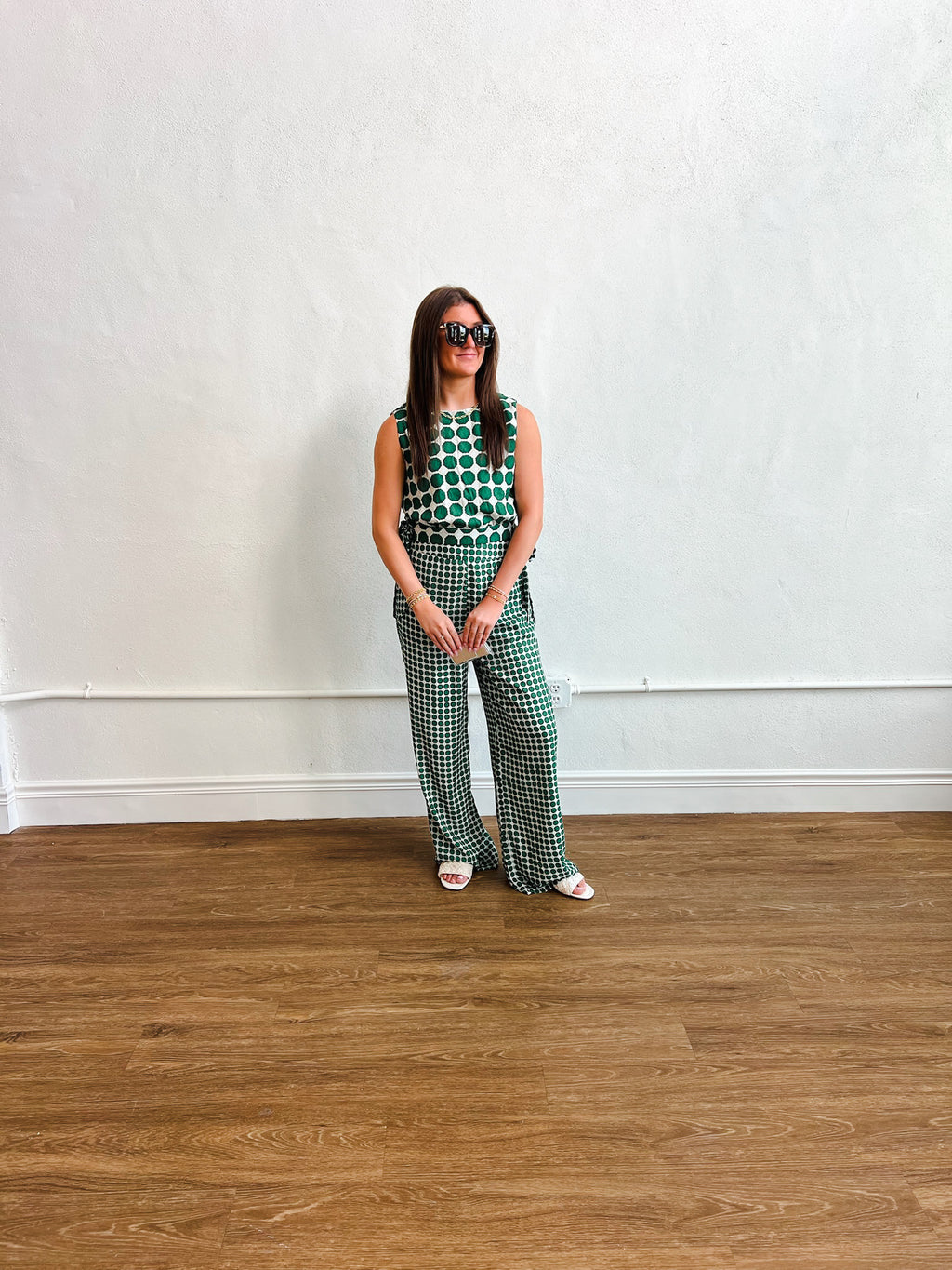 Geo Dot Print Wide Leg Pants-Green