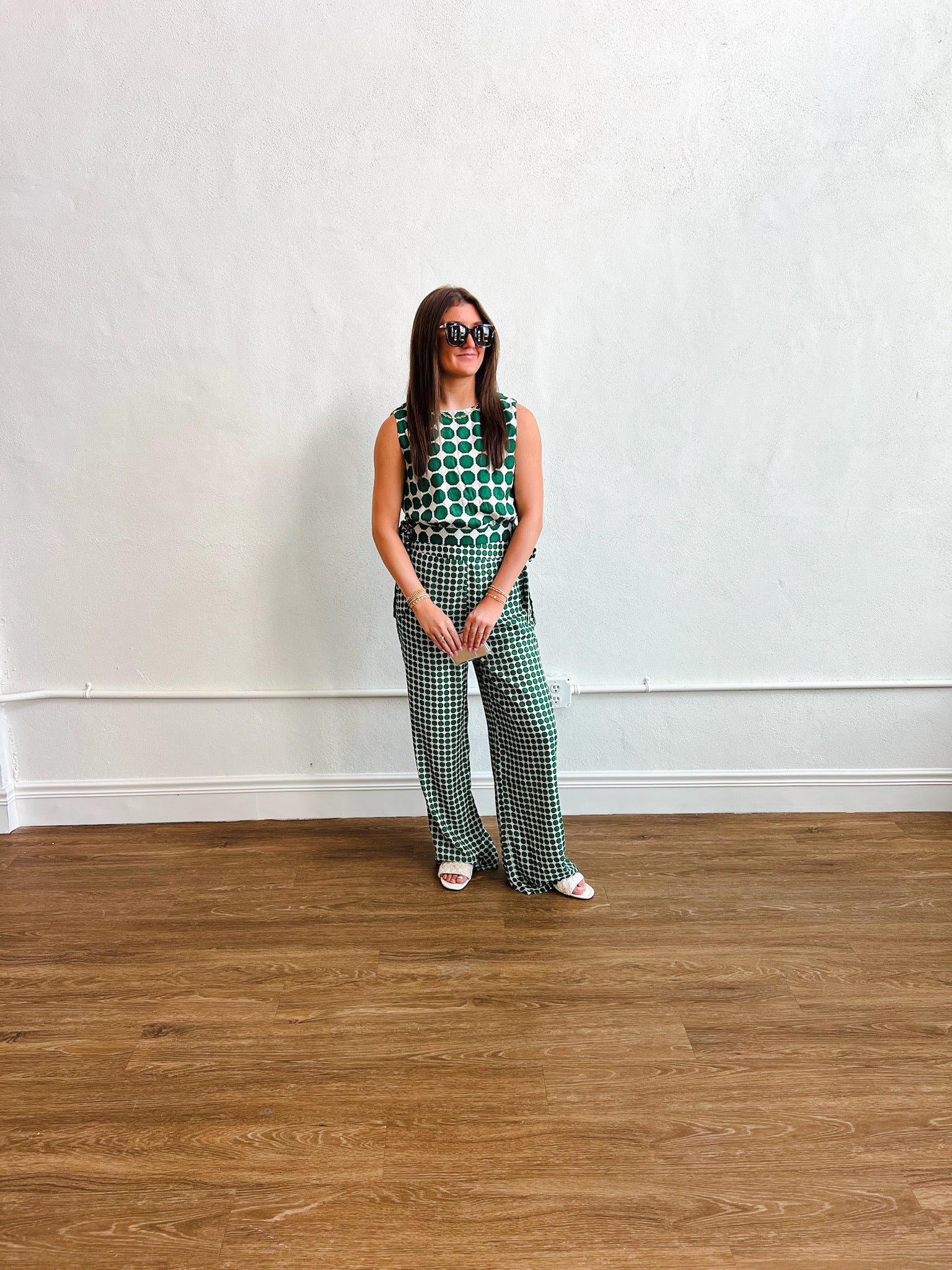 Geo Dot Print Wide Leg Pants-Green