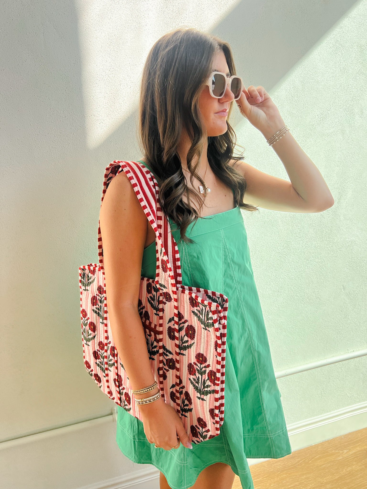 Cotton Block Print Tote Bag-Pink Stripe
