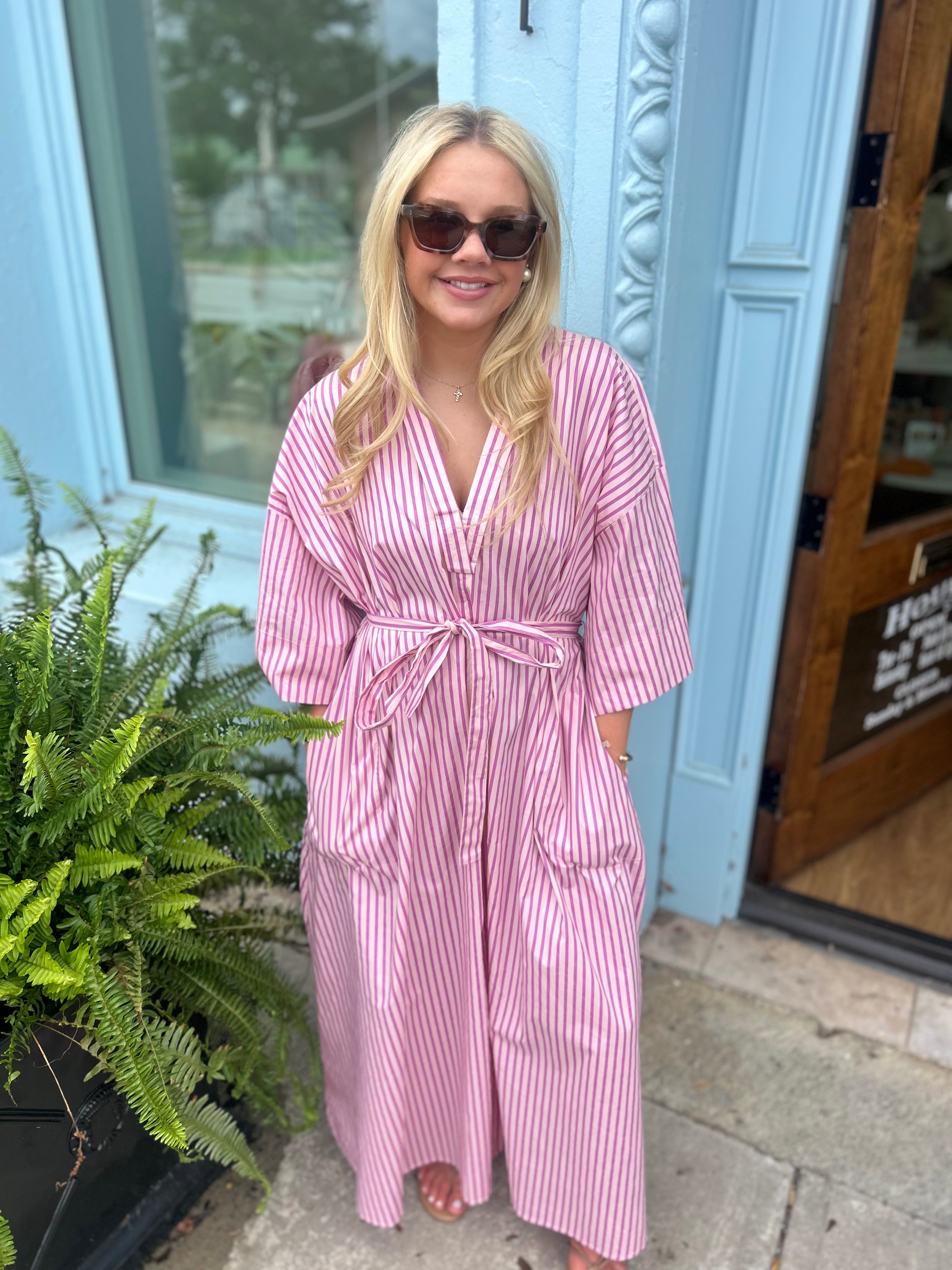 The Nancy Stripe Midi Dress- Pink