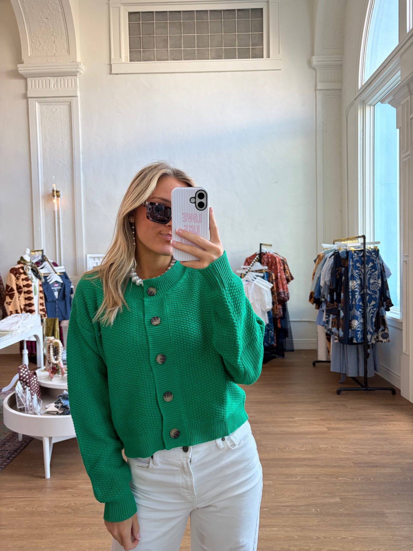 Textured Button Front Cardigan Sweater-Green