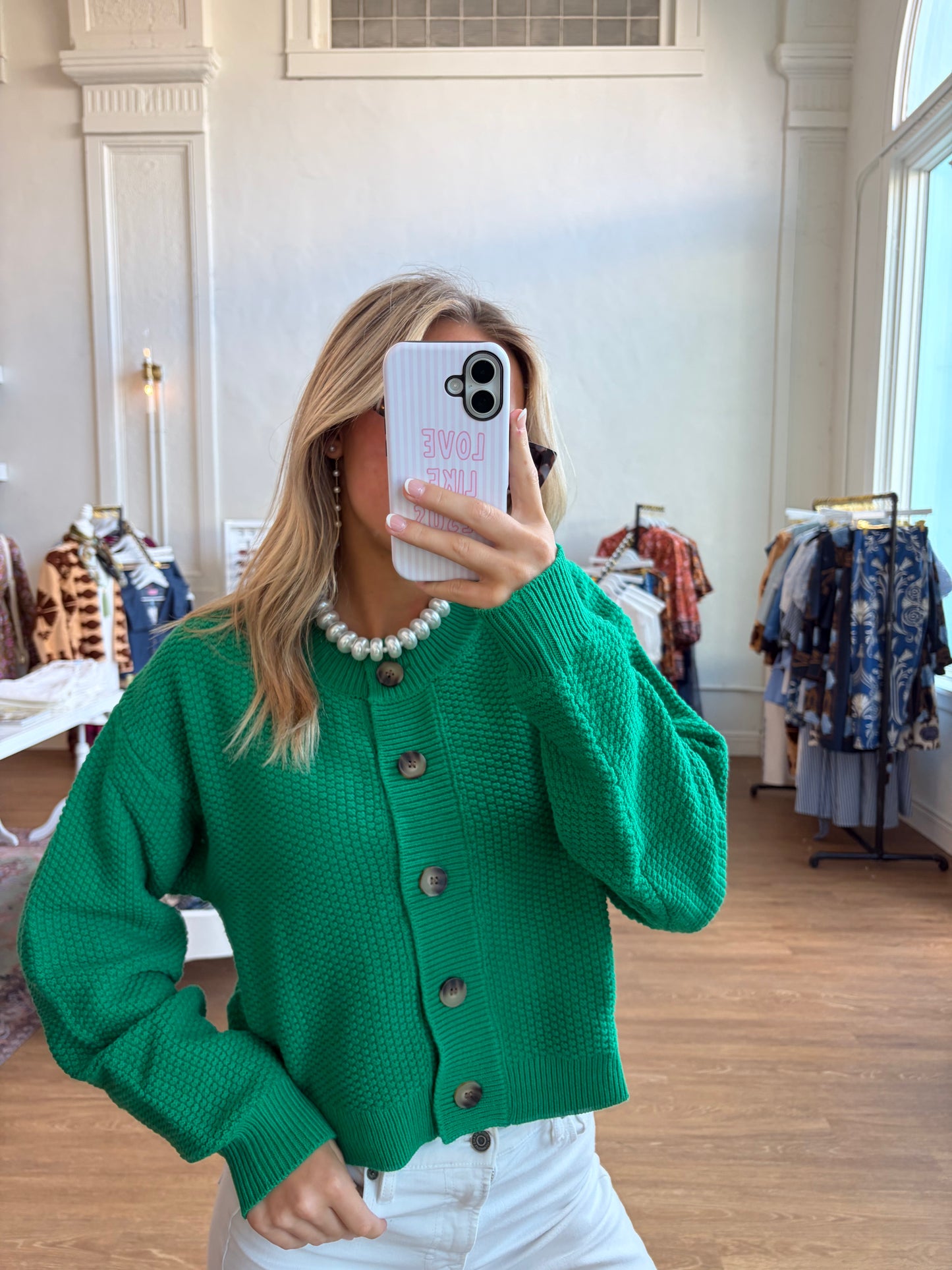 Textured Button Front Cardigan Sweater-Green