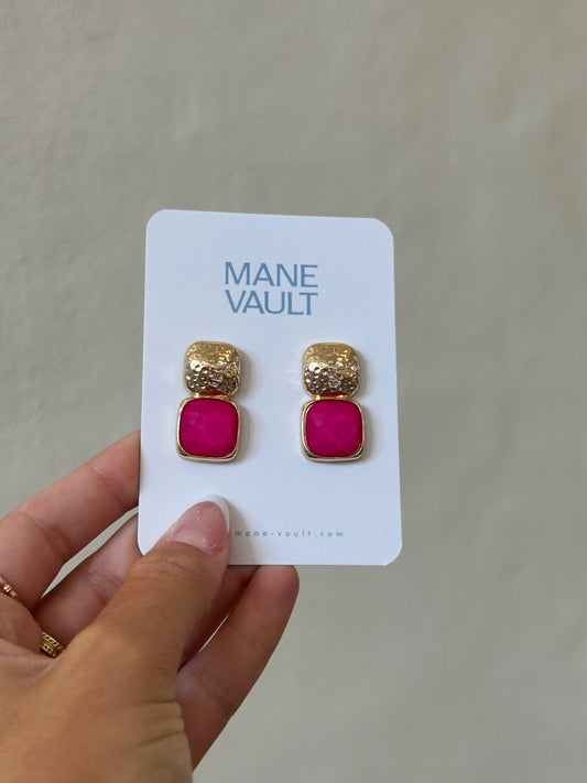 The Square Stone Earrings- Fuchsia
