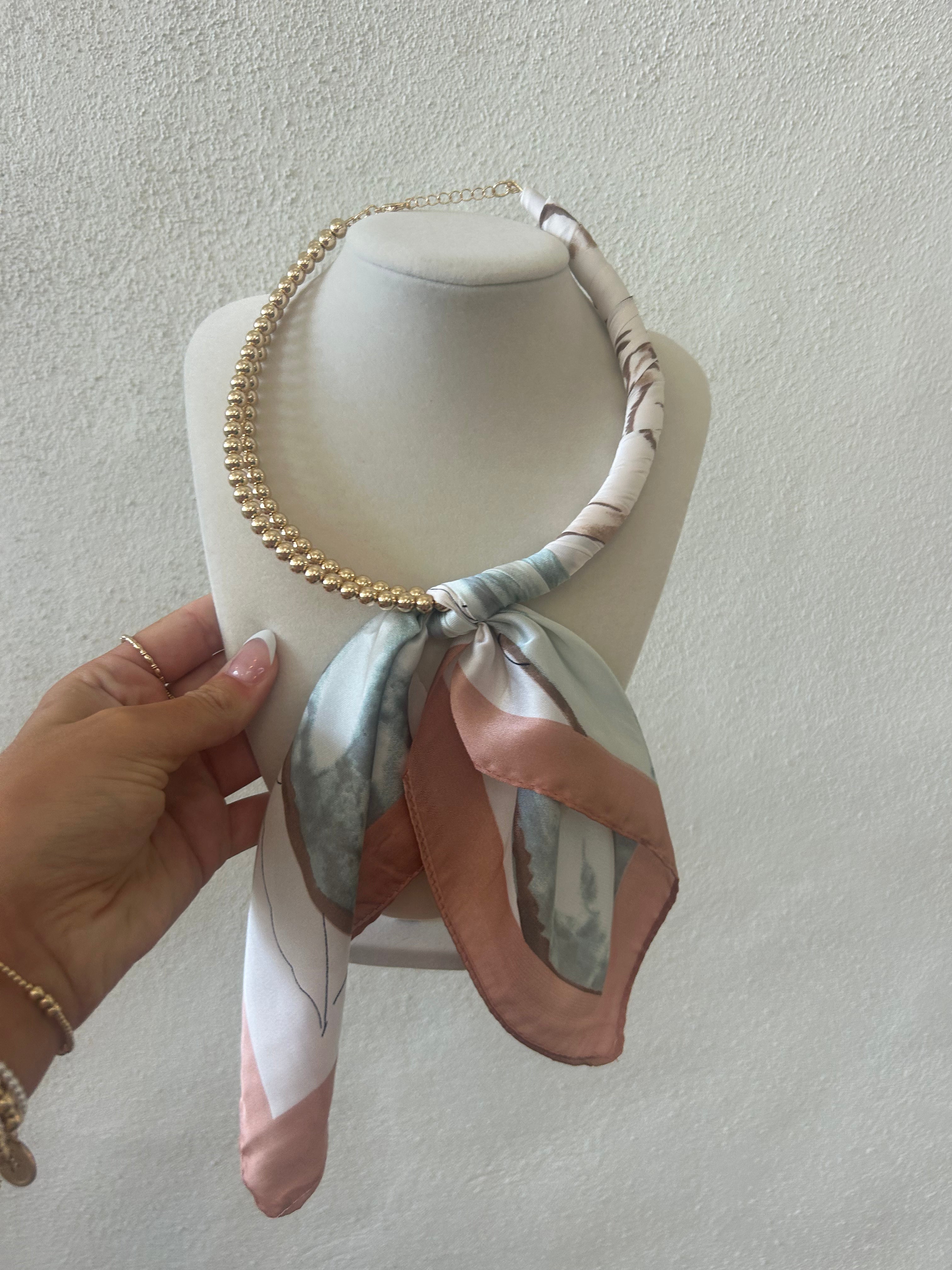 The Silk Scarf Wrapped Collar Necklace- Peach Multi