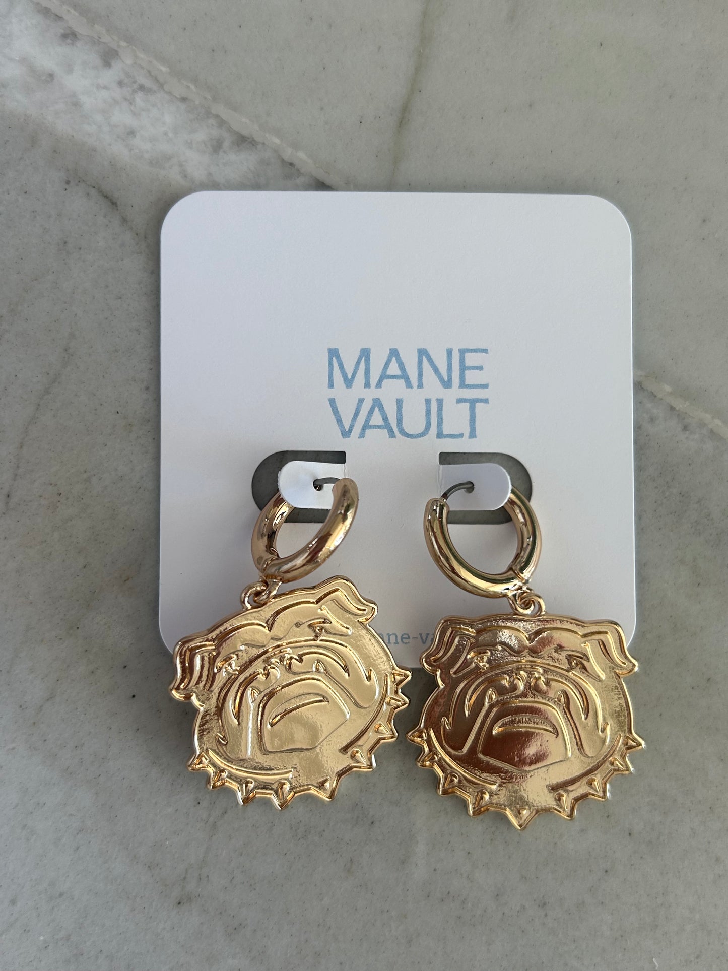 The Textured Bulldog Dangle Hoops-Gold