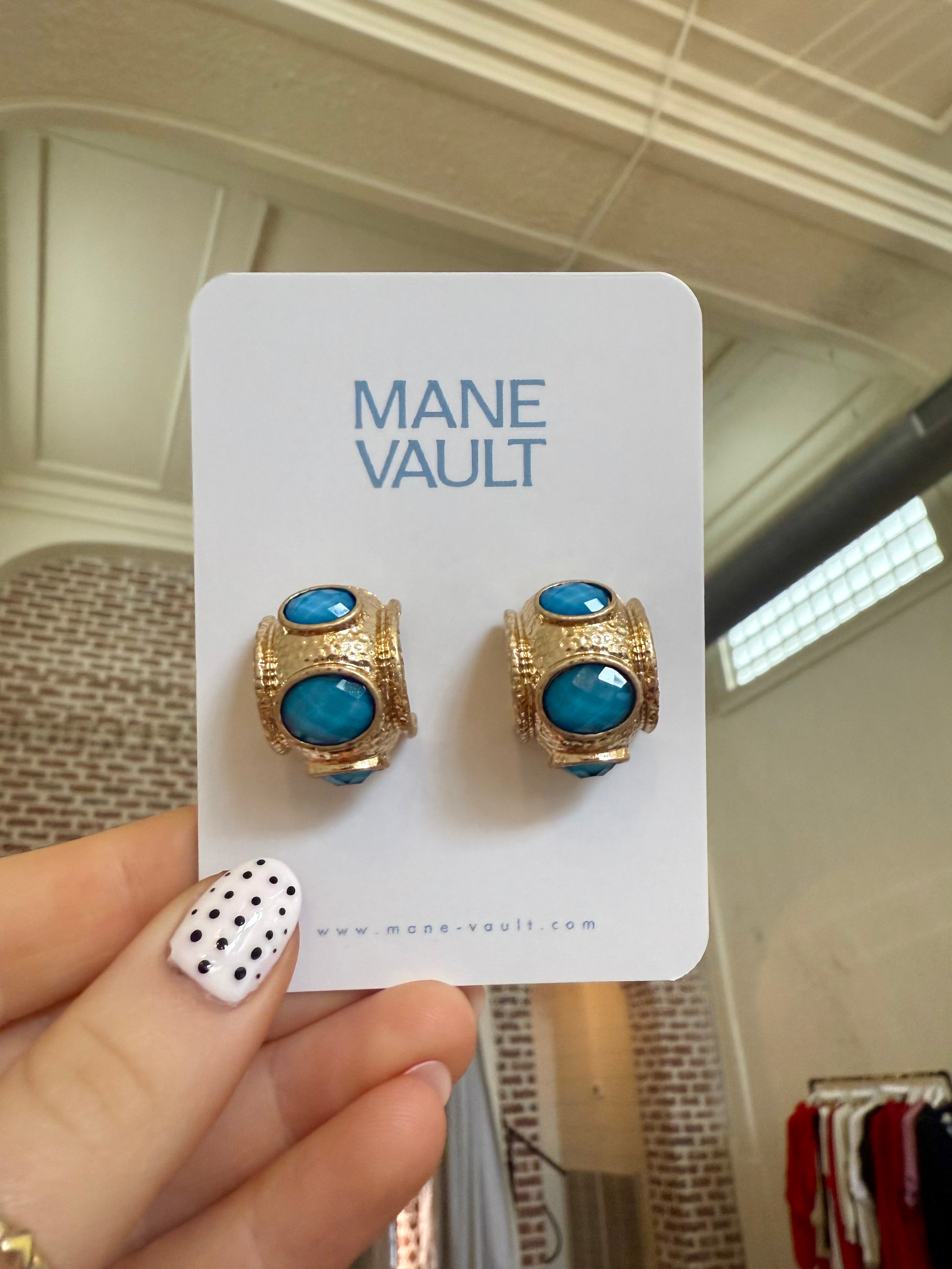 Teal Stone Water Resistant Gold Hoops