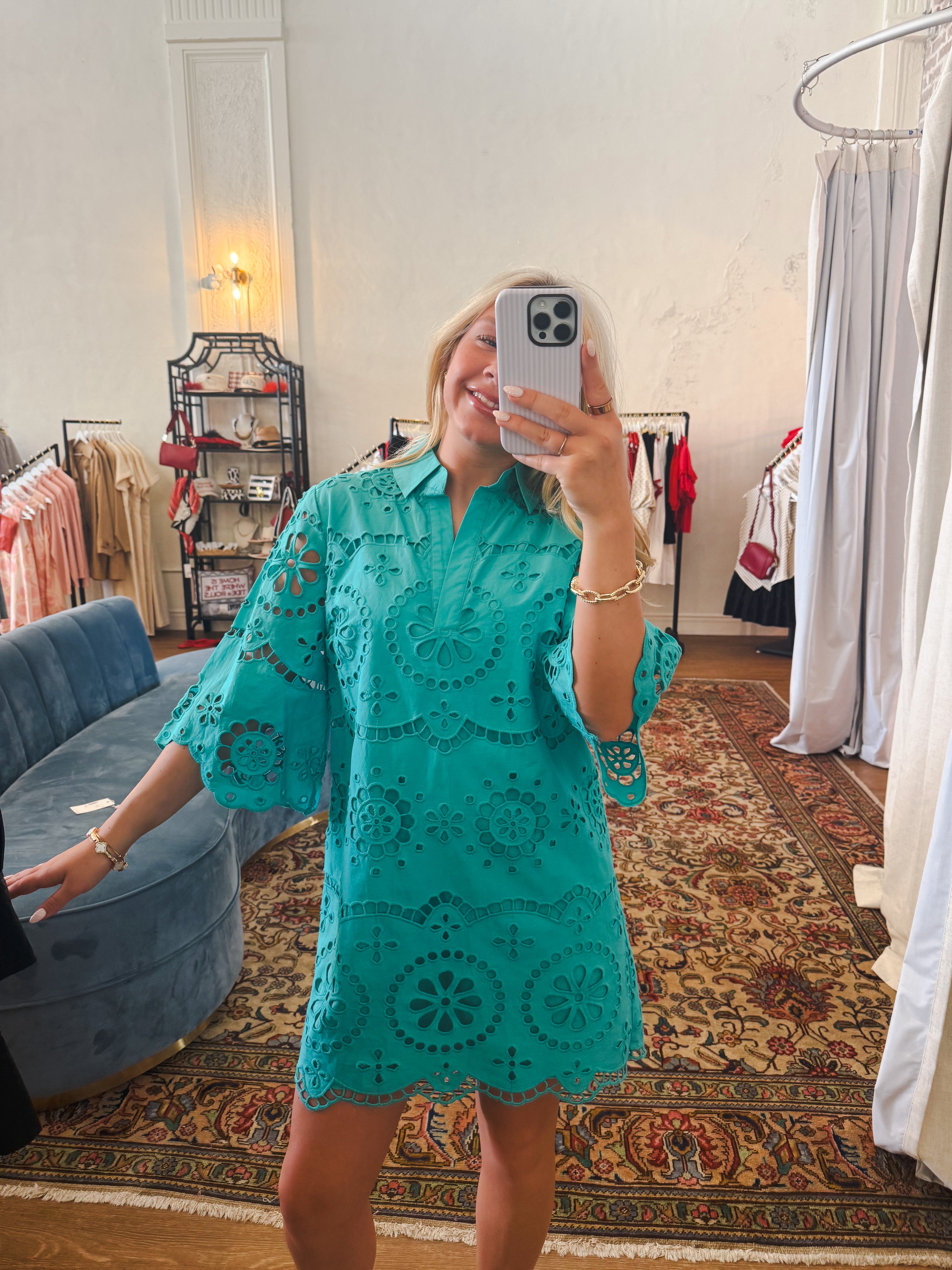 Penny Eyelet Dress - Teal