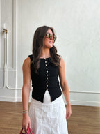 Knit Sleevless Button Top - Black