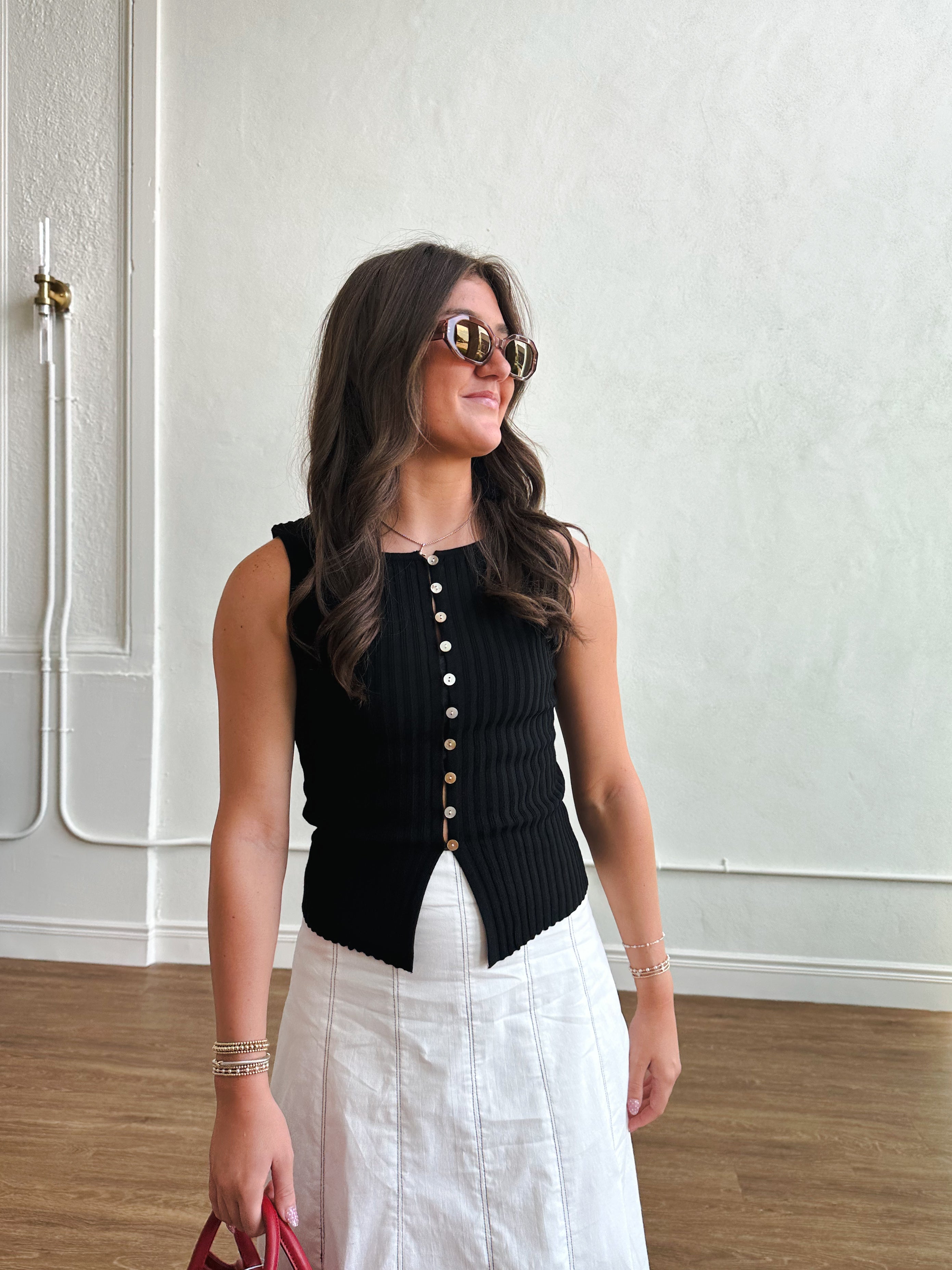 Knit Sleevless Button Top - Black