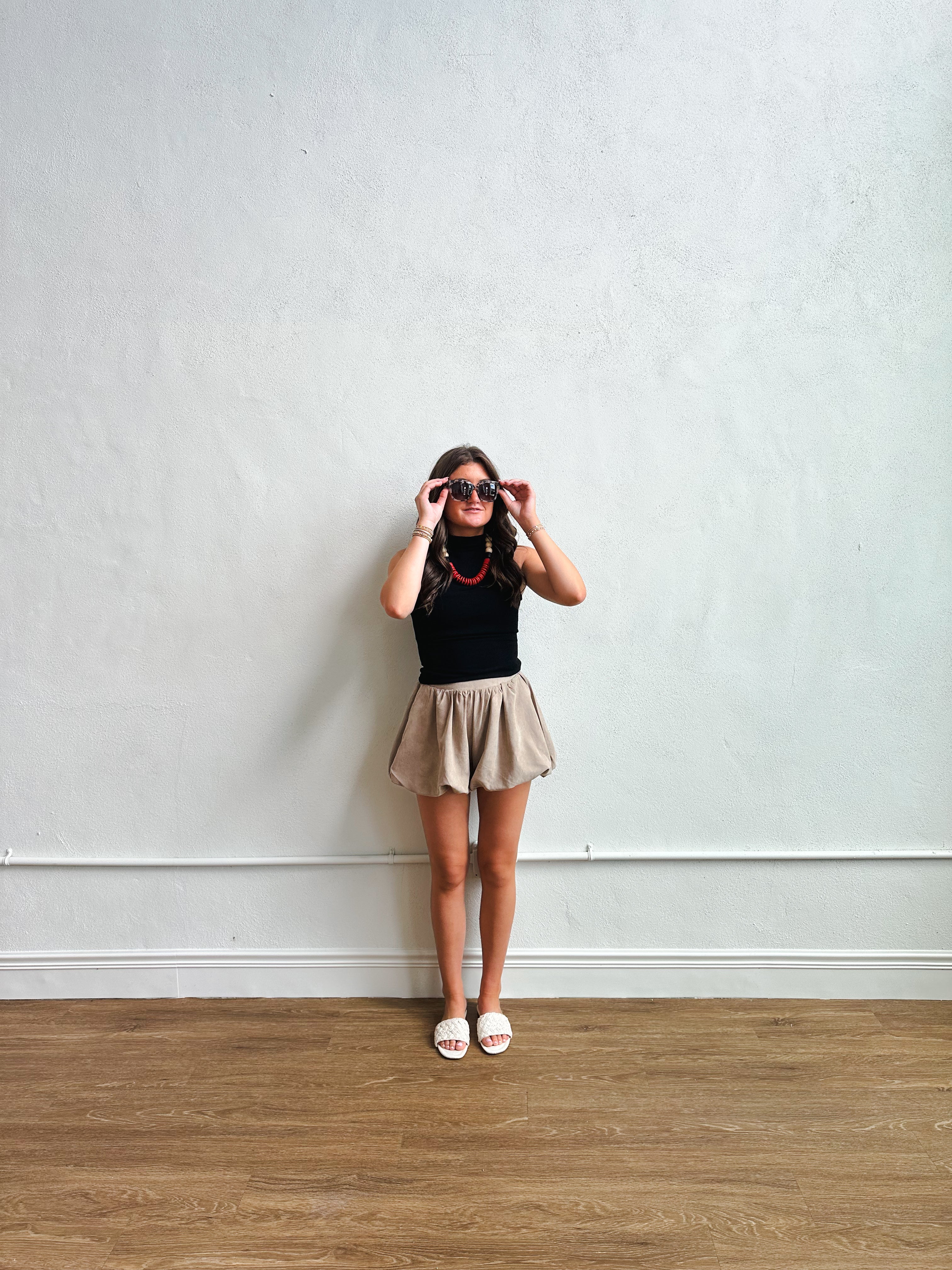 Bubble Hem Mini Shorts - Beige