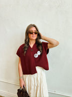 V-Neck Single Button Front Sweater Vest - Burgundy