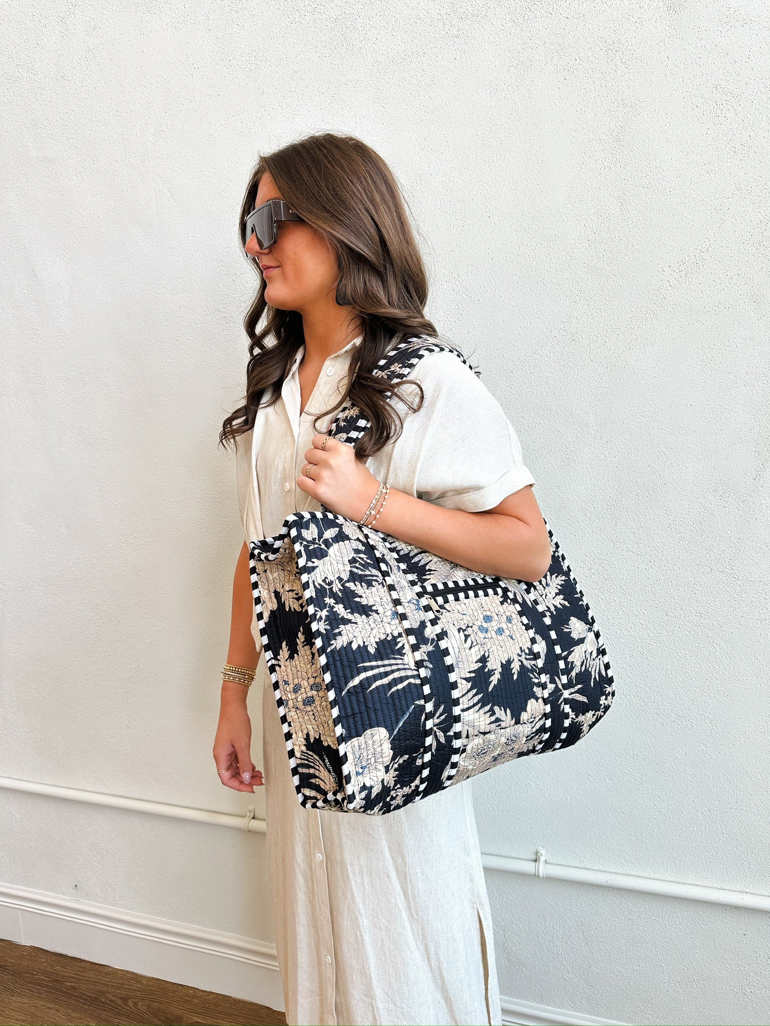 Cotton Block Print Tote Bag-Black