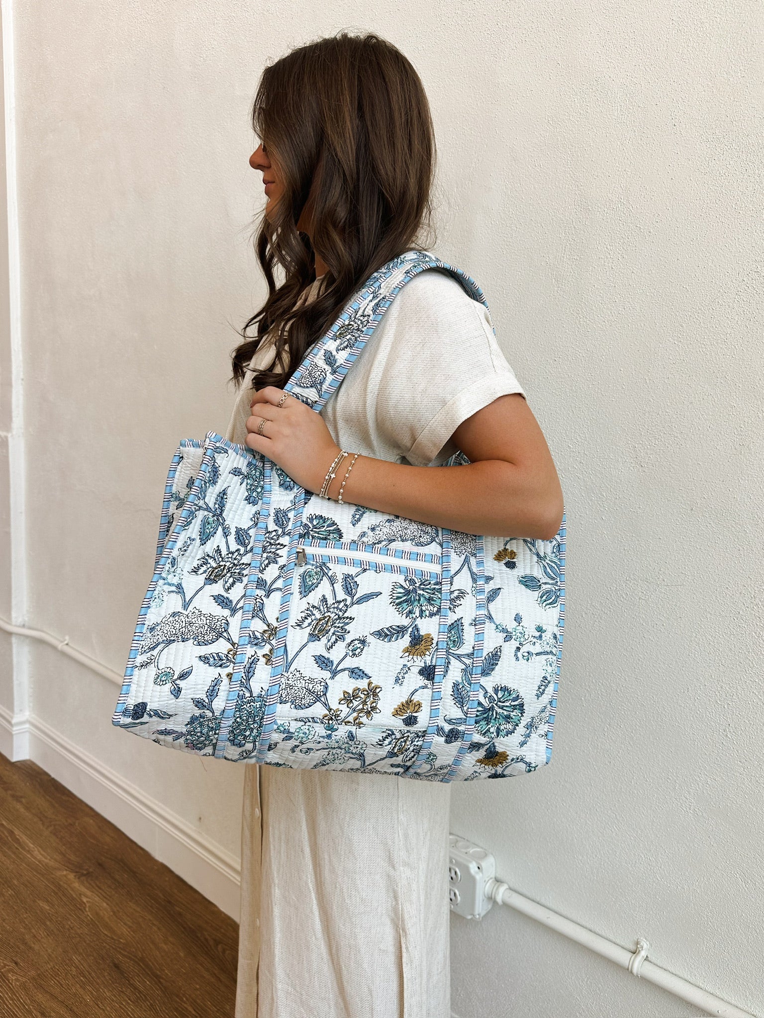 Cotton Block Print Tote Bag-Blue