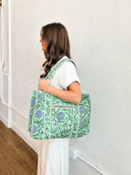 Cotton Block Print Tote Bag-Mint