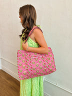 Cotton Block Print Tote Bag-Pink