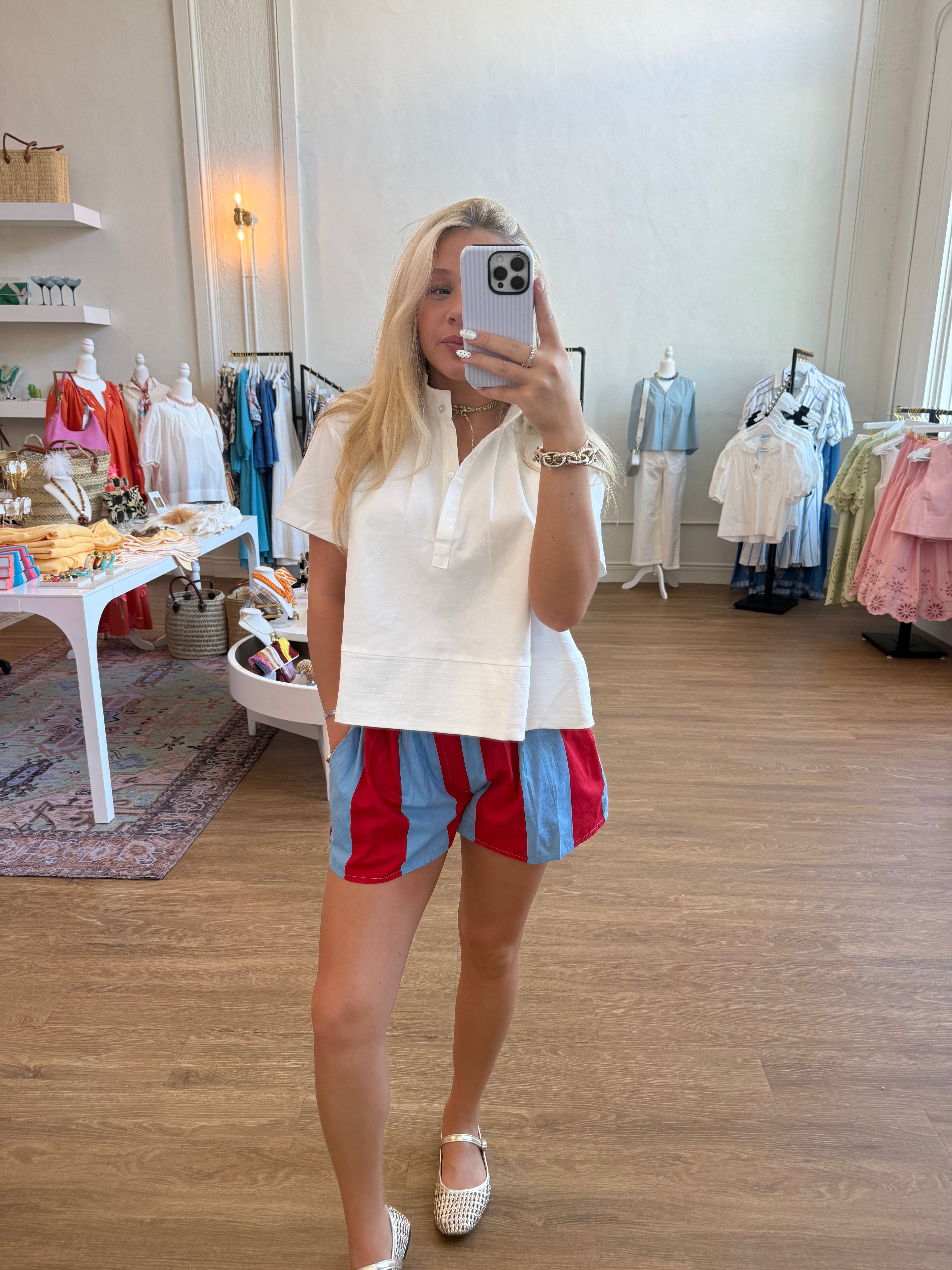 Red and Light Blue Striped Shorts
