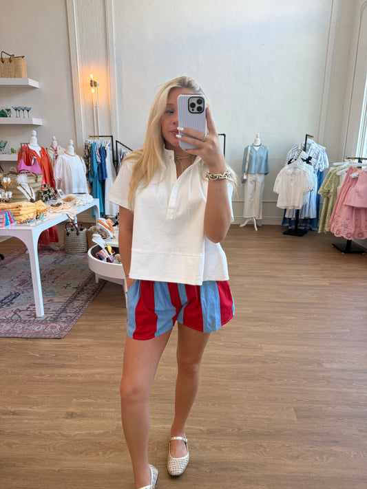 Red and Light Blue Striped Shorts