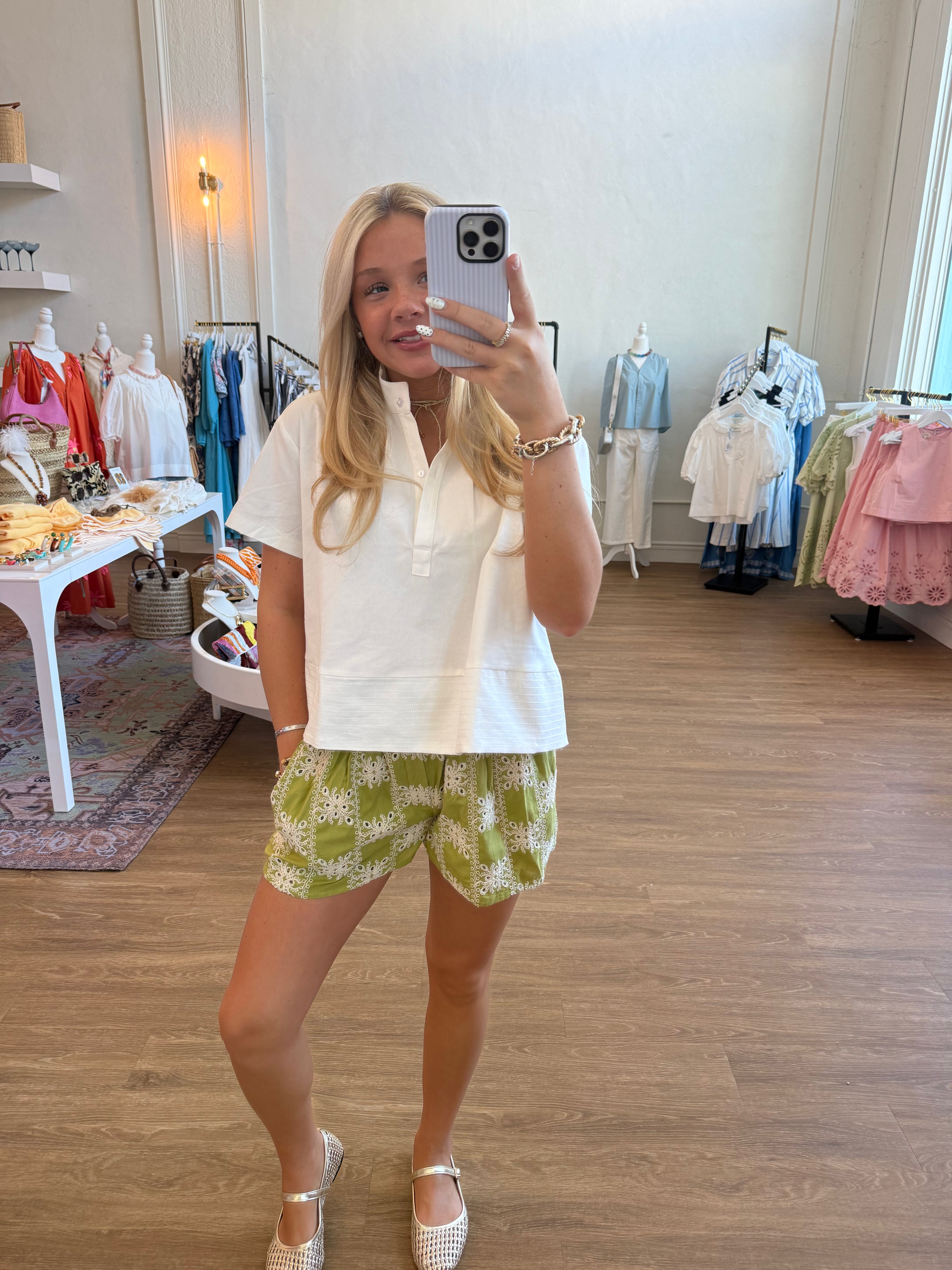 Green Eyelet Shorts