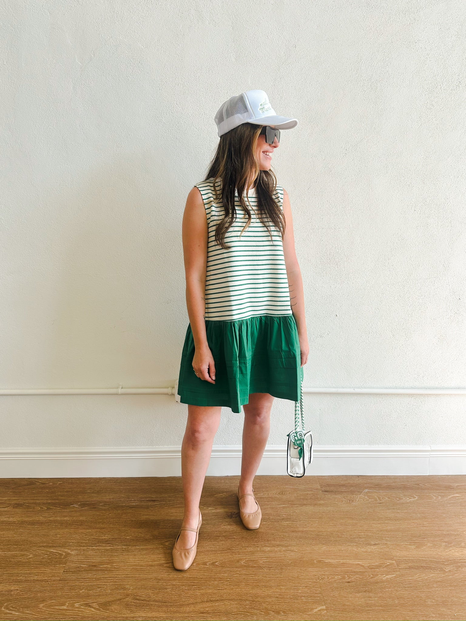 Stripe Knit Woven Combo Mini Dress - Green