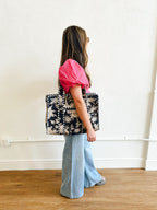 Cotton Block Print Tote Bag-Black