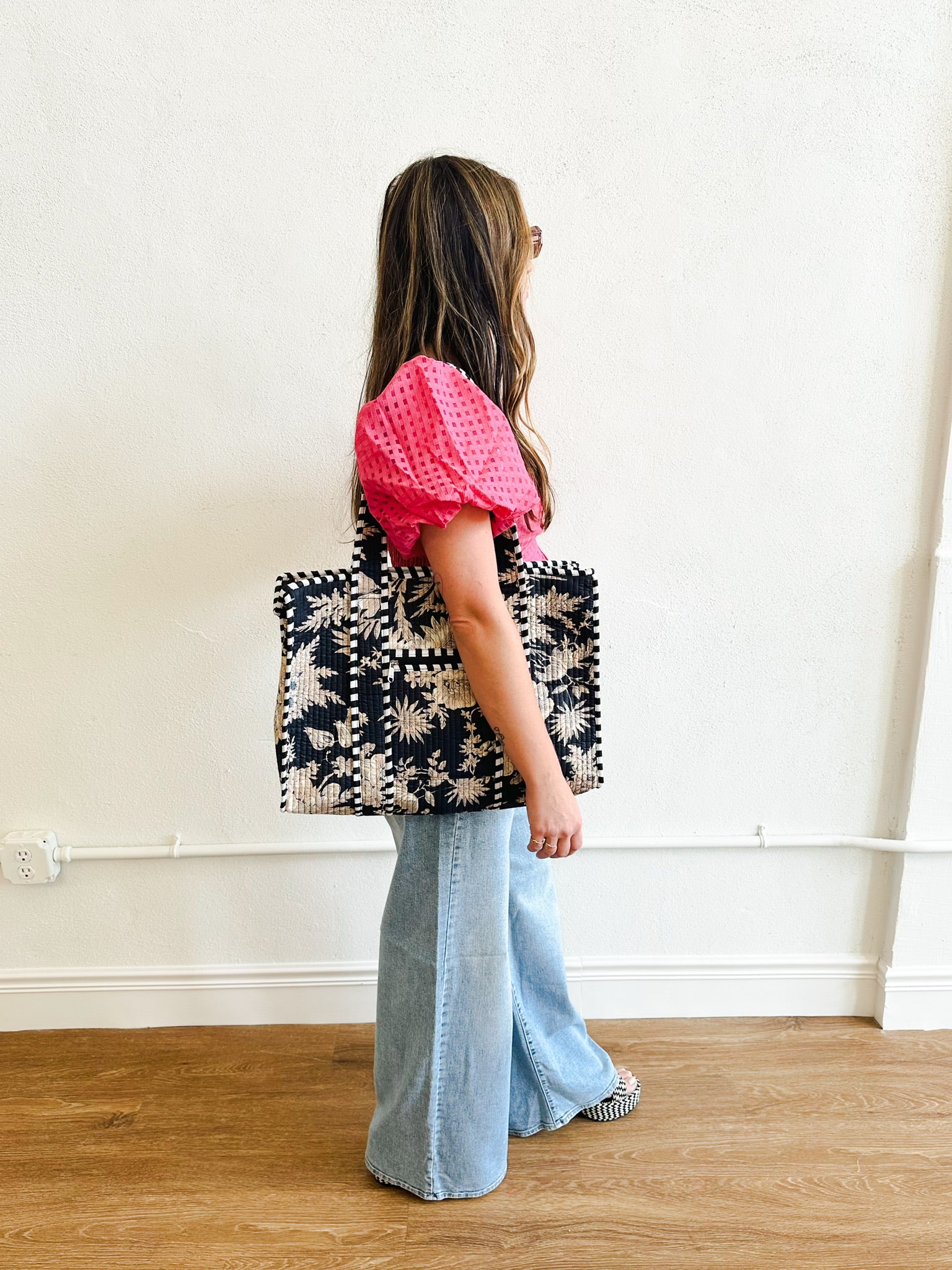 Cotton Block Print Tote Bag-Black