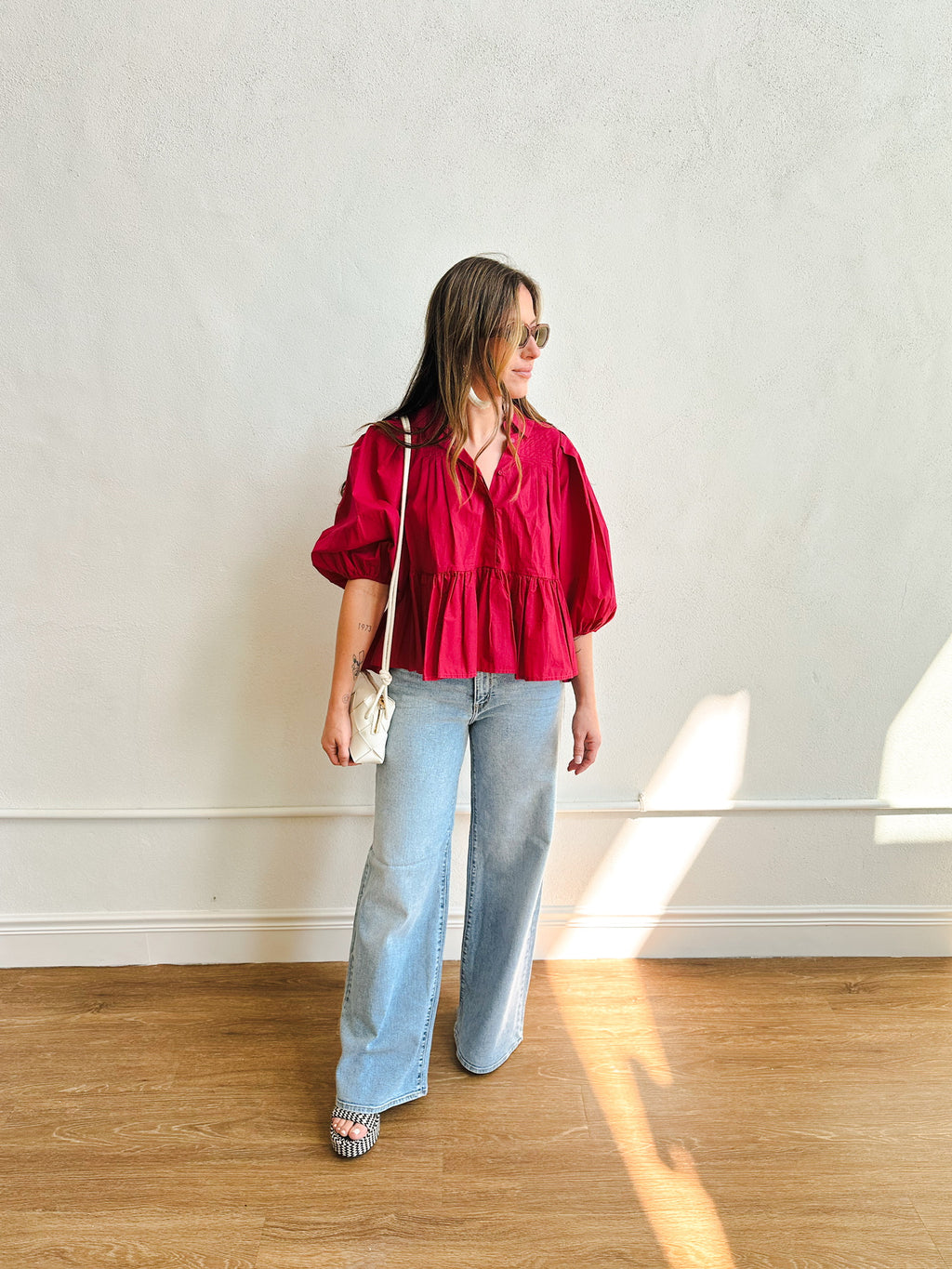 Pink Puff Sleeve Pleated Shirt