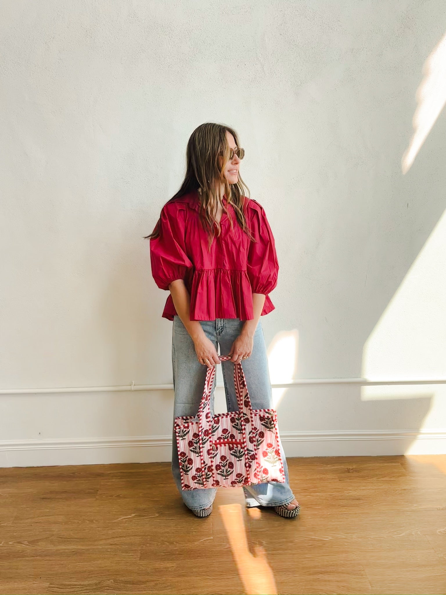 Cotton Block Print Tote Bag-Pink Stripe