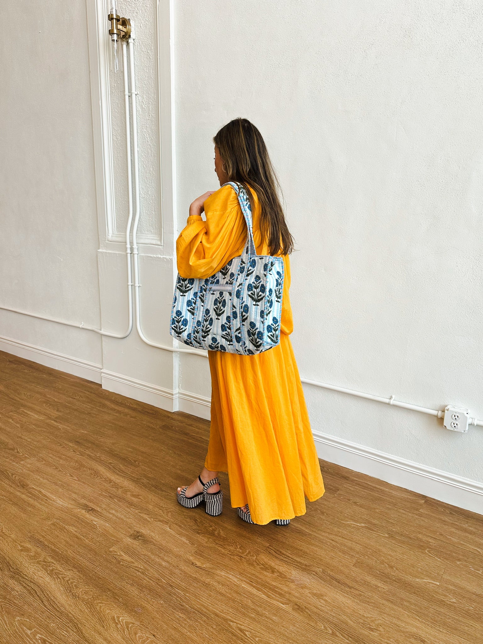 Cotton Block Print Tote Bag-Blue Stripe