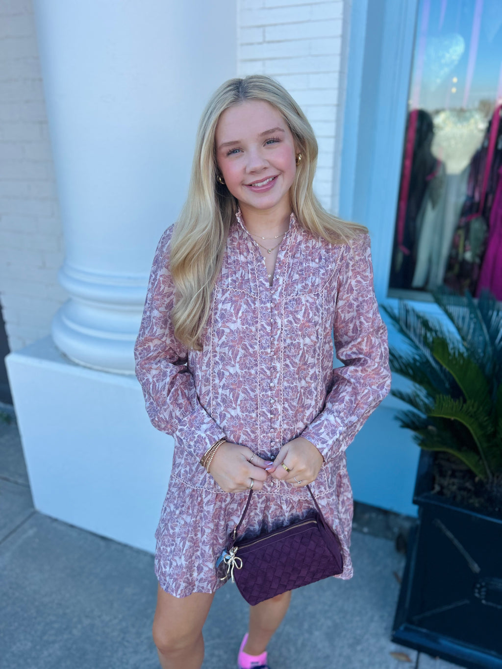 The Floral Print High Neck Dress - Mauve