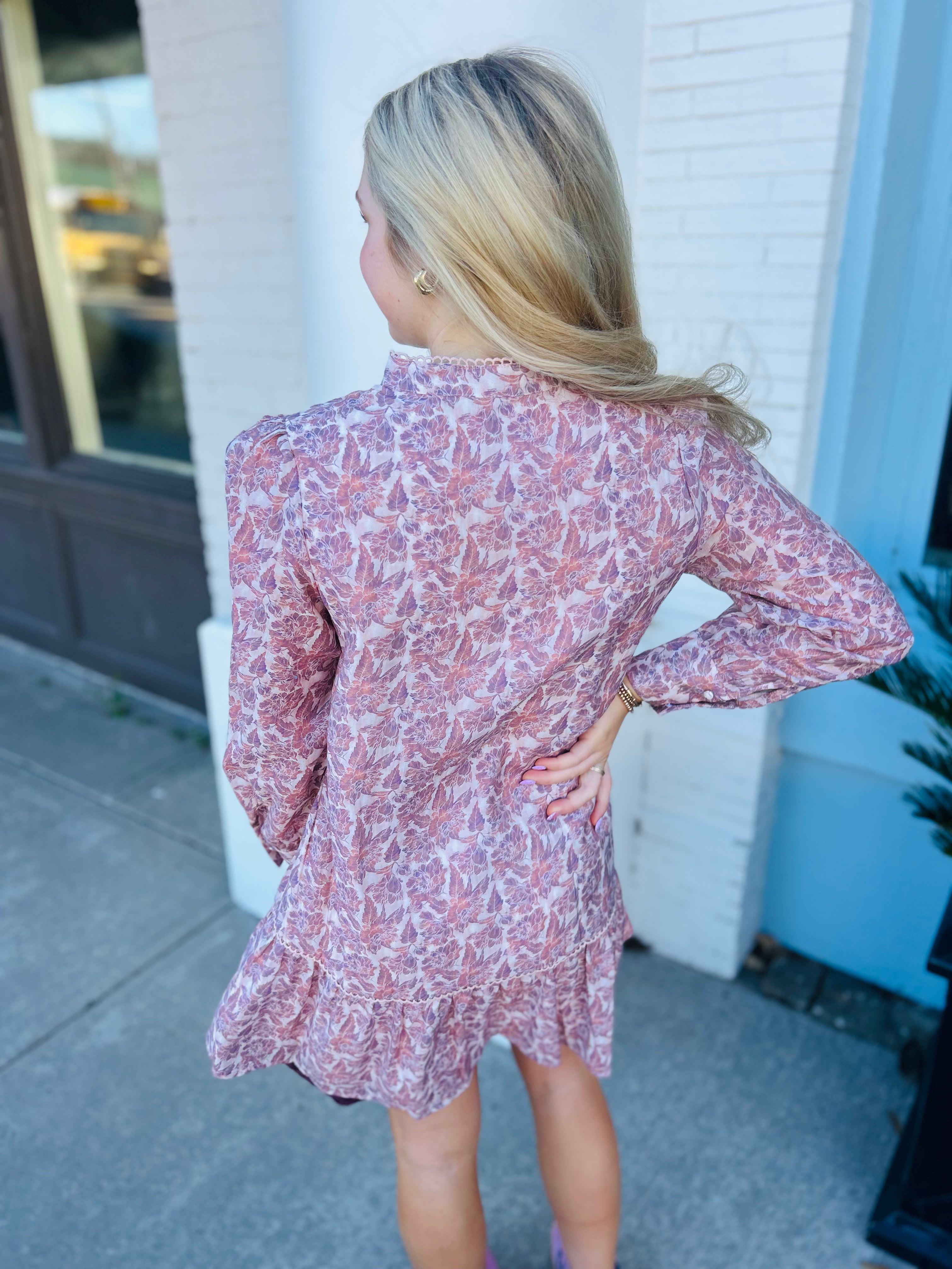 The Floral Print High Neck Dress - Mauve