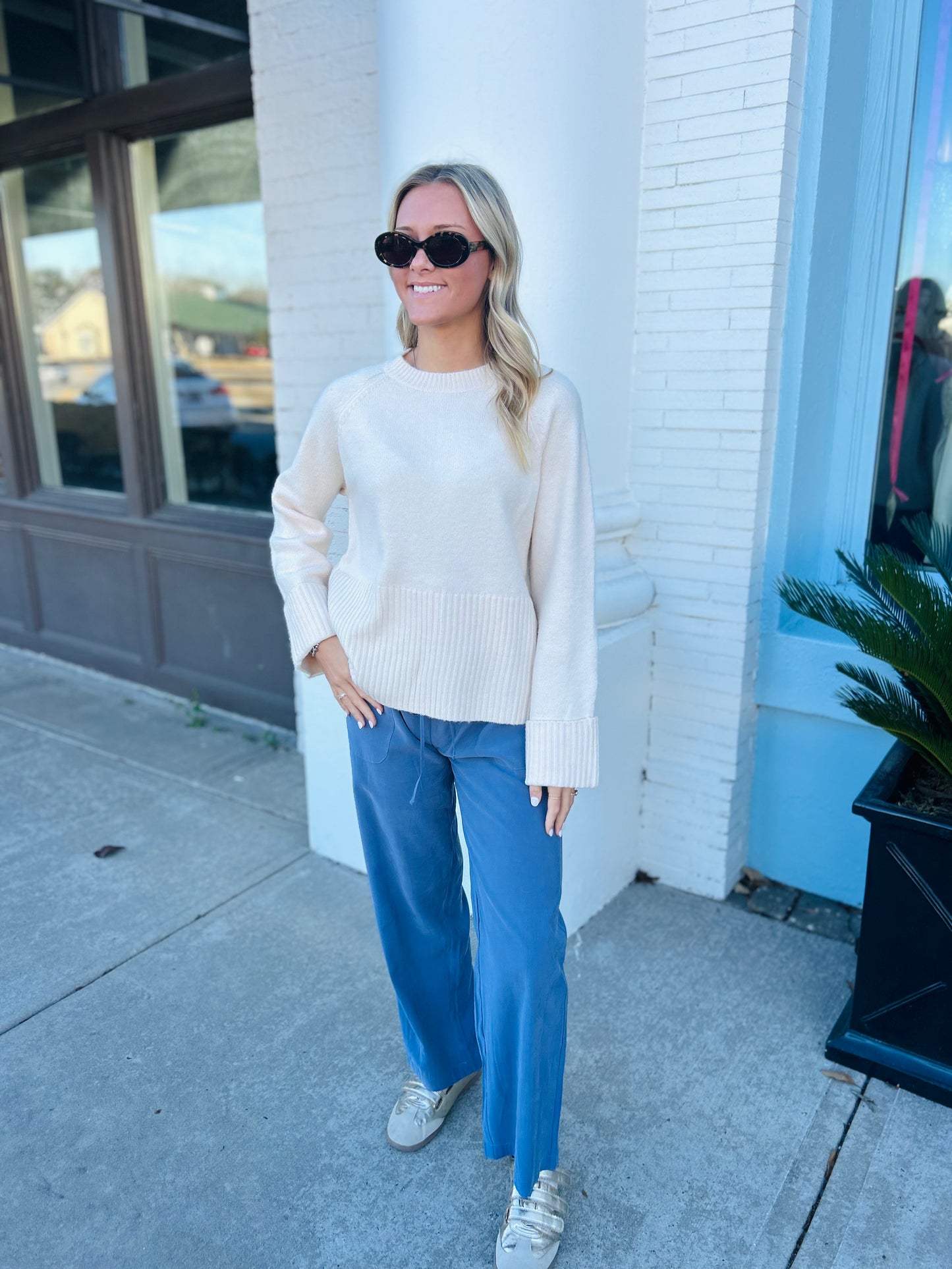 The Sarah Folded Cuff Sweater - Ecru