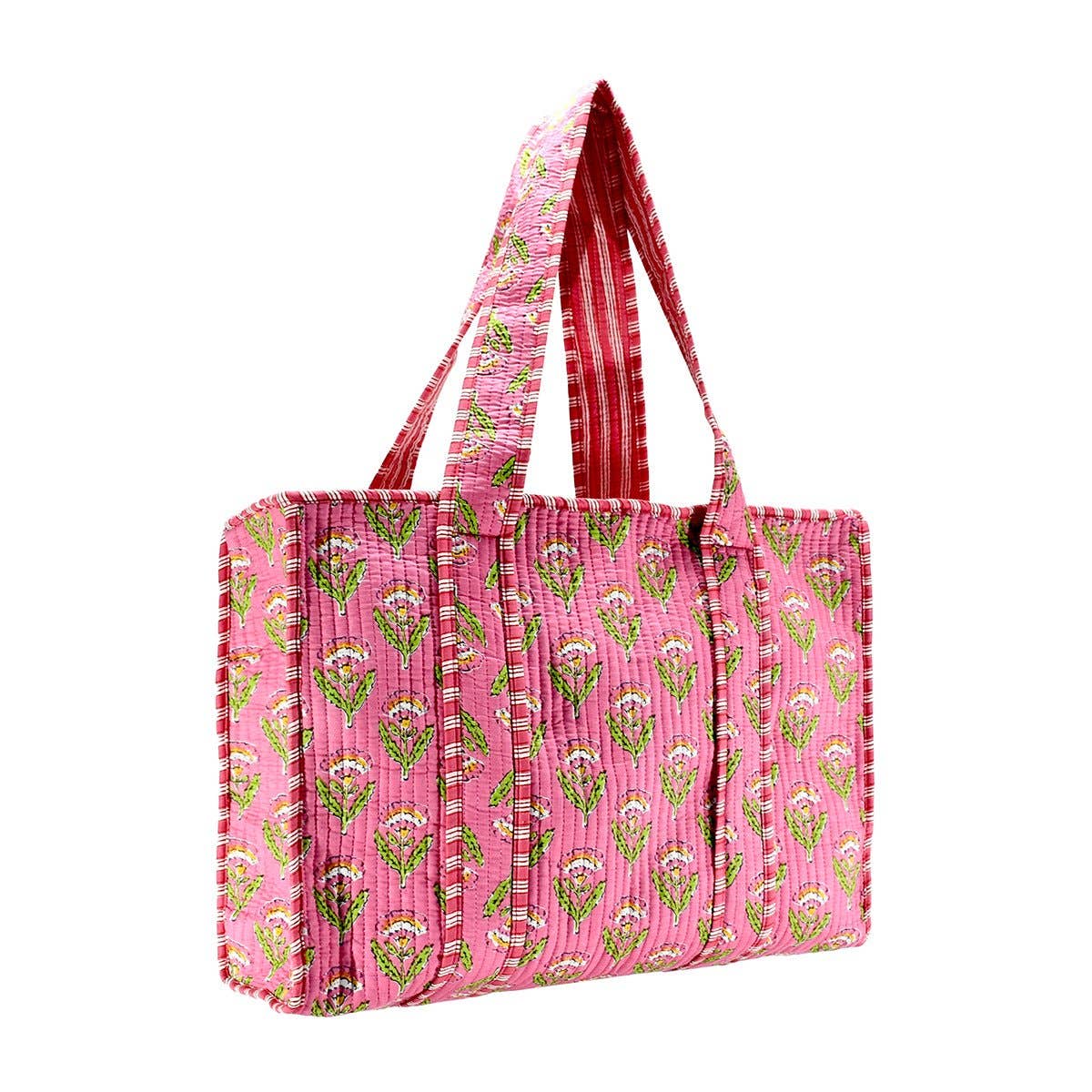 Cotton Block Print Tote Bag-Pink