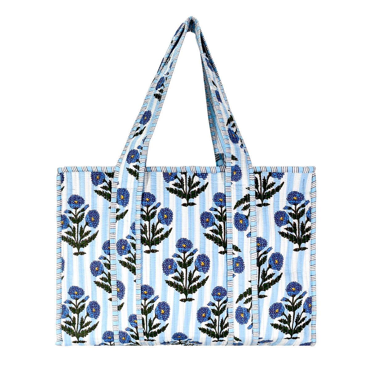 Cotton Block Print Tote Bag-Blue Stripe