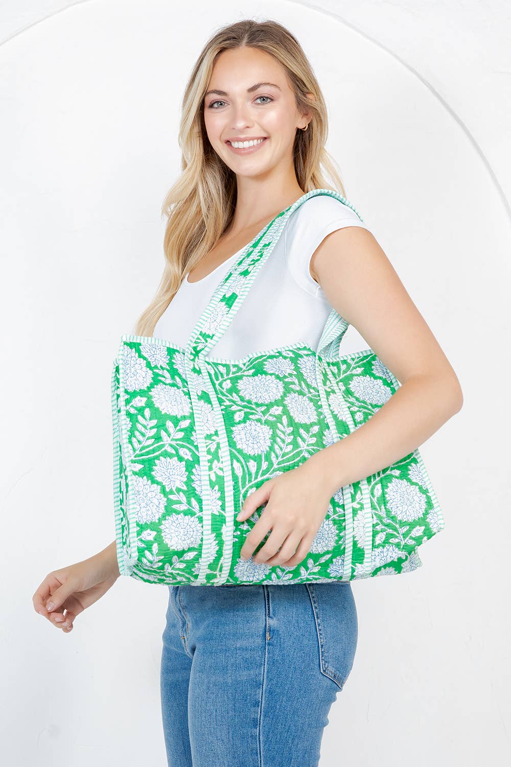 Quilted Reversible Tote Bag - Green/White