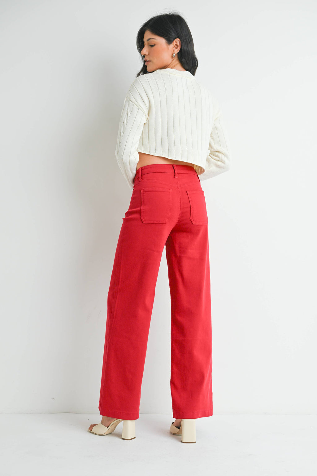 Mini Patch Pocket Wide Leg Pants - Red
