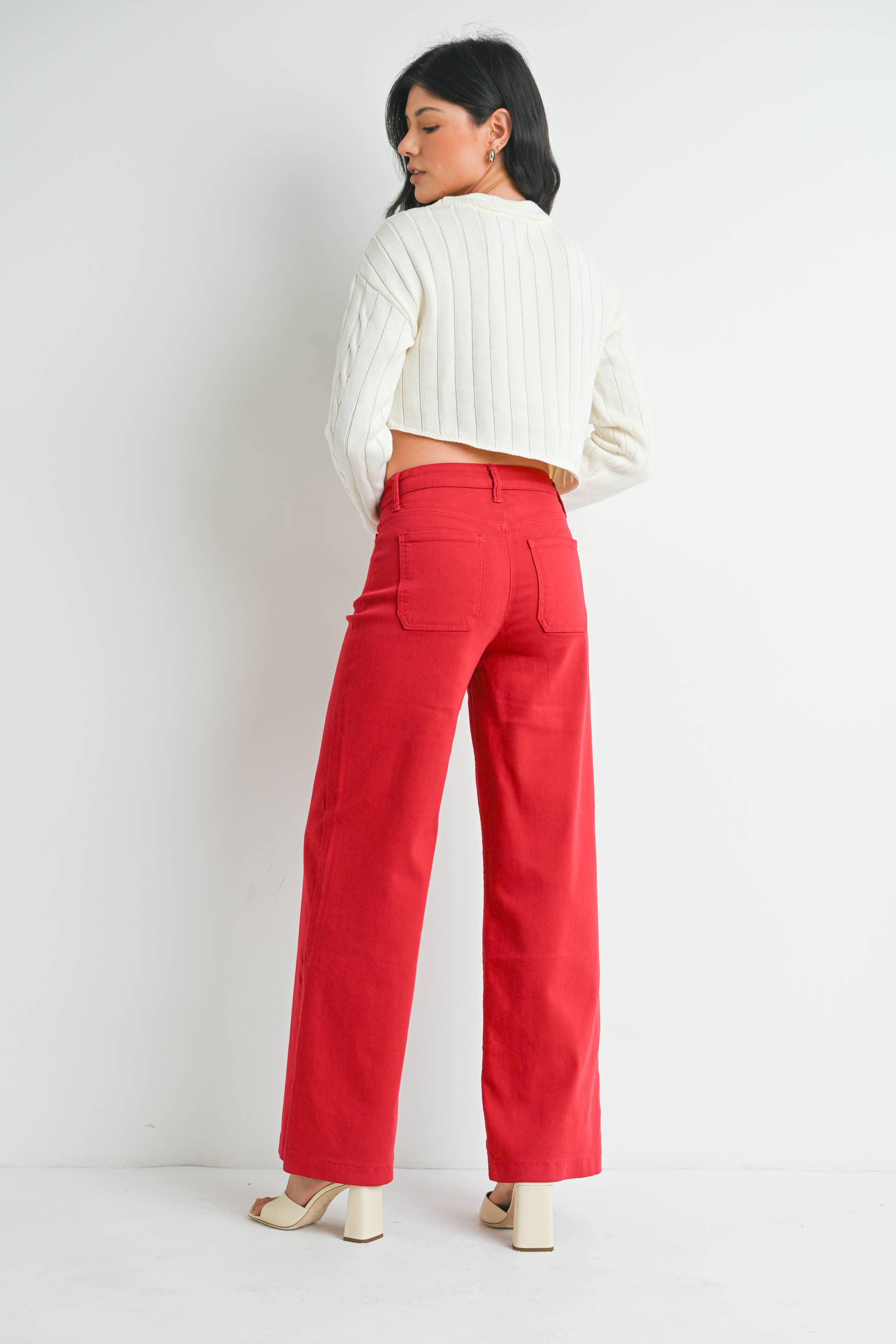 Mini Patch Pocket Wide Leg Pants - Red