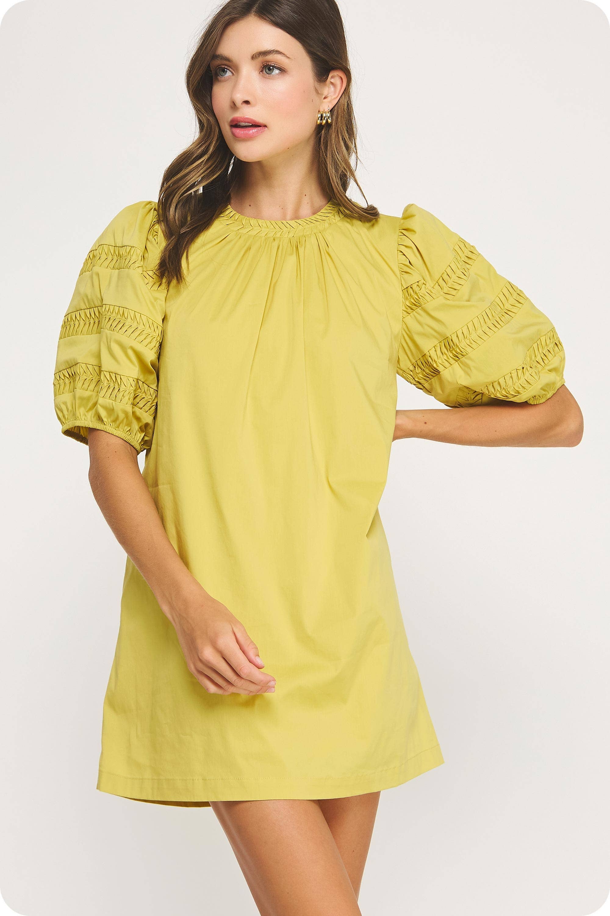 Hannah Puff Sleeve Mini Dress-Chartreuse