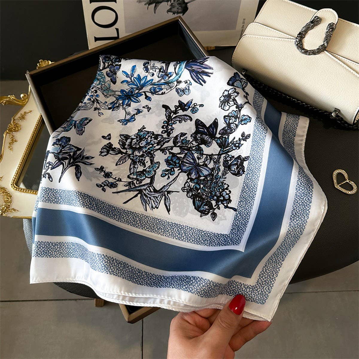 Silky Butterfly Print Scarf - Blue