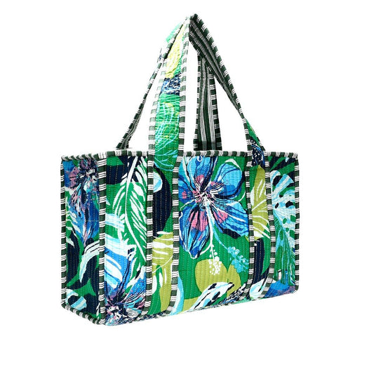 Cotton Block Print Tote Bag - Green and Blue